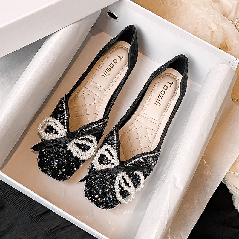 OrthoCare Square Toe Flats - Rhinestone Pearl Detail