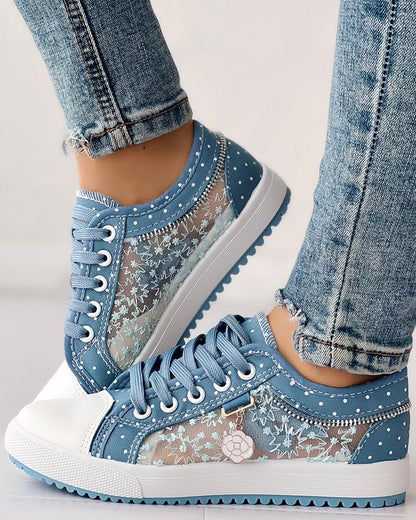 Calista | Orthopedic Denim Lace-Up Sneakers – Breathable Floral Mesh Design