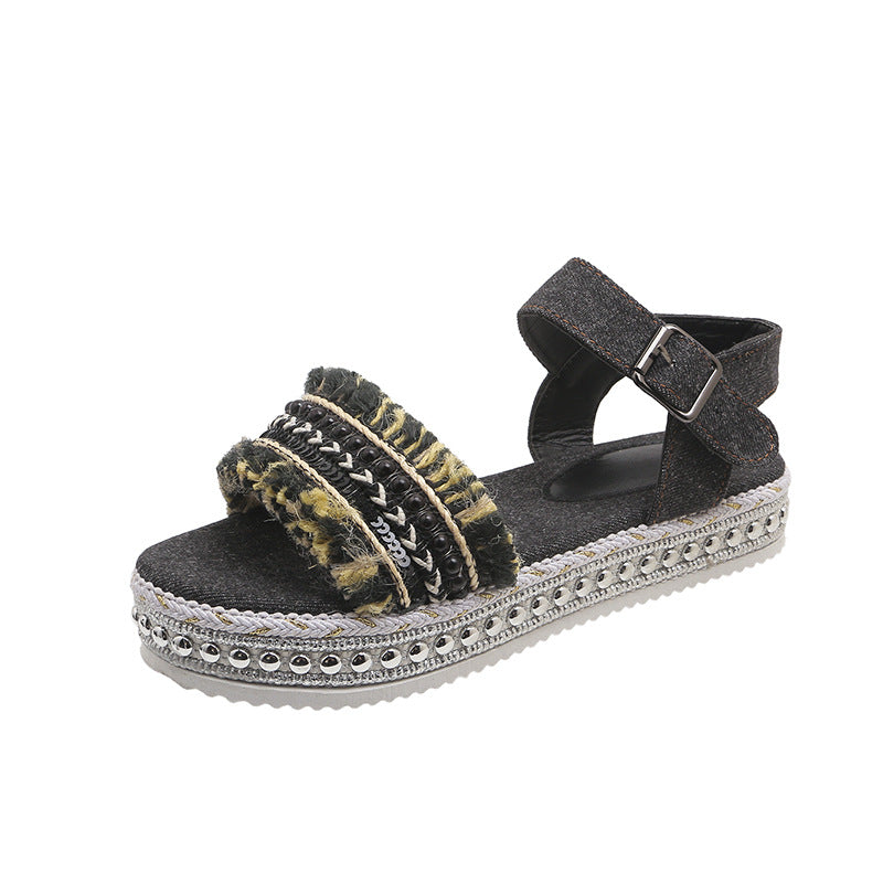 OrthoCare Denim Sandals With Fringe, Ethnic And Unique Style For Summer