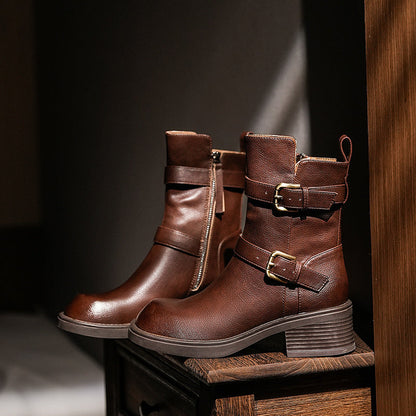 Sandy | Orthopedic Women's Double Belt Buckle Side Zipper Chunky Heel Ankle Boots