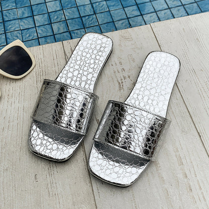 Quillar | Women’s Orthopedic Metallic Crocodile Slide Sandals