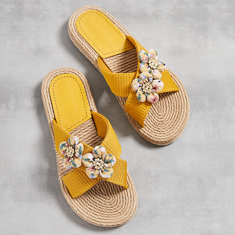 OrthoCare Floral Rhinestone Raffia Slide Sandals