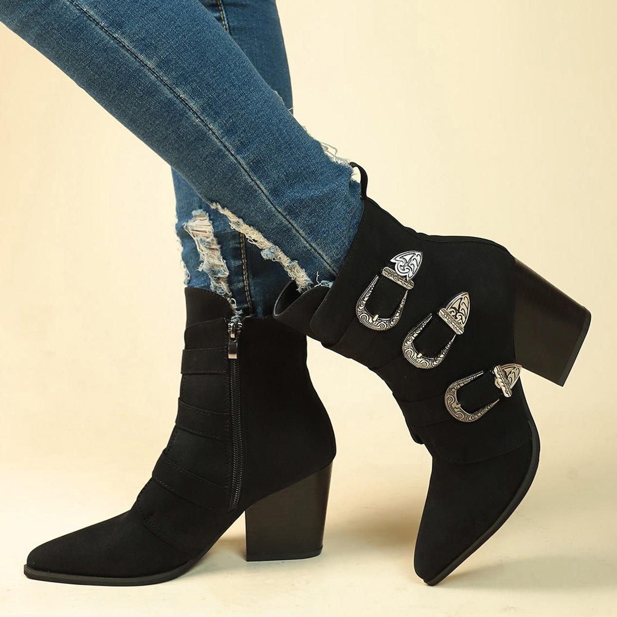 OrthoCare Retro Buckle Boots - Chunky Heel Comfort