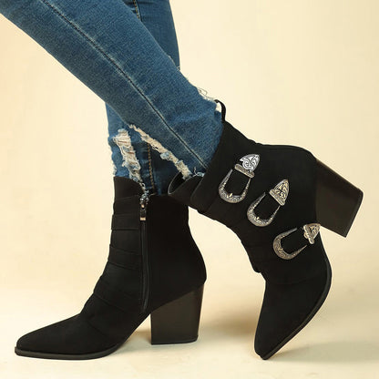 OrthoCare Retro Buckle Boots - Chunky Heel Comfort