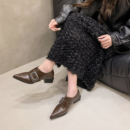 Glossy Buckle Strap Block Heel Loafers