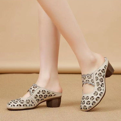 OrthoCare Women’s Vintage Cut-Out Heeled Mules – Breathable Comfort Slip-On Shoes