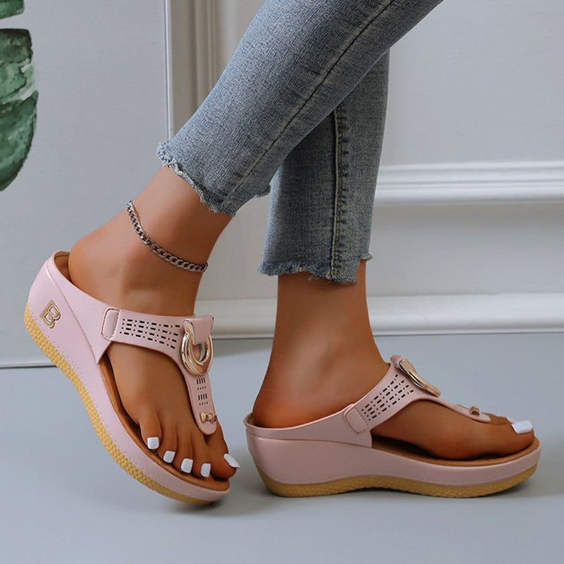 OrthoCare High Heel Thong Sandals With Metallic Decorations
