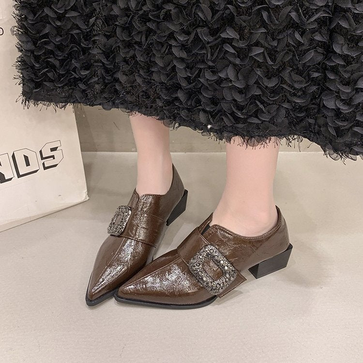 Glossy Buckle Strap Block Heel Loafers