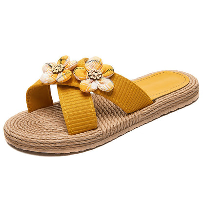 OrthoCare Floral Rhinestone Raffia Slide Sandals