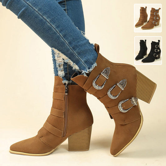 OrthoCare Retro Buckle Boots - Chunky Heel Comfort