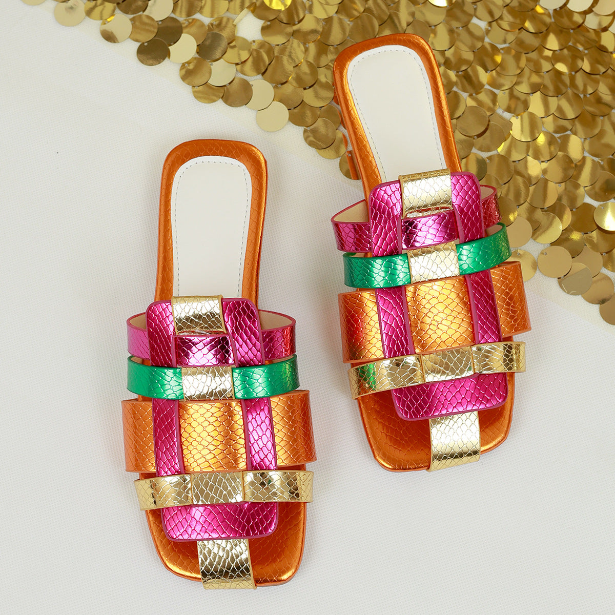 Lioraine | Women’s Orthopedic Rainbow Metallic Slide Sandals
