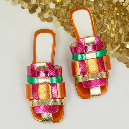 Lioraine | Women’s Orthopedic Rainbow Metallic Slide Sandals