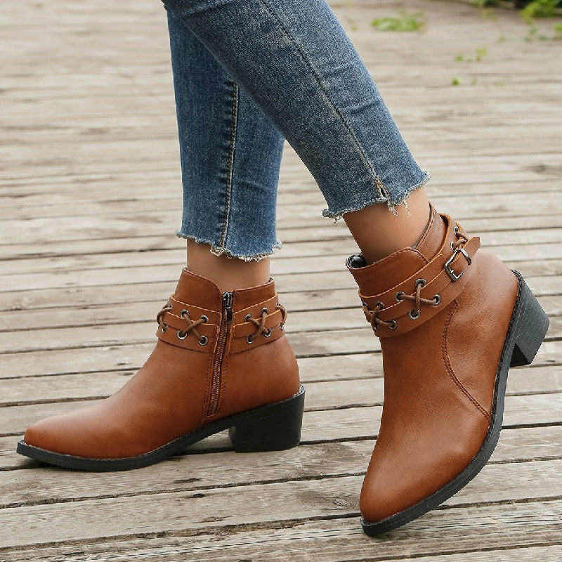 OrthoCare Leather Ankle Boots - Thick Heel Zip