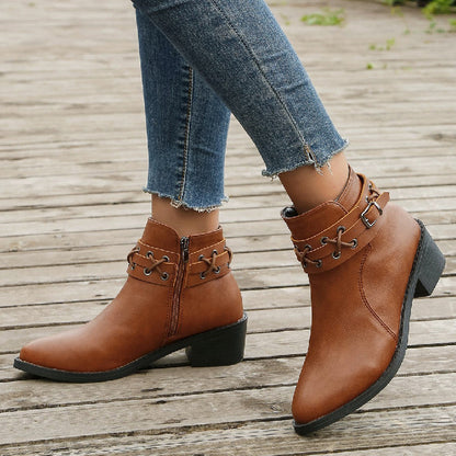 OrthoCare Leather Ankle Boots - Thick Heel Zip