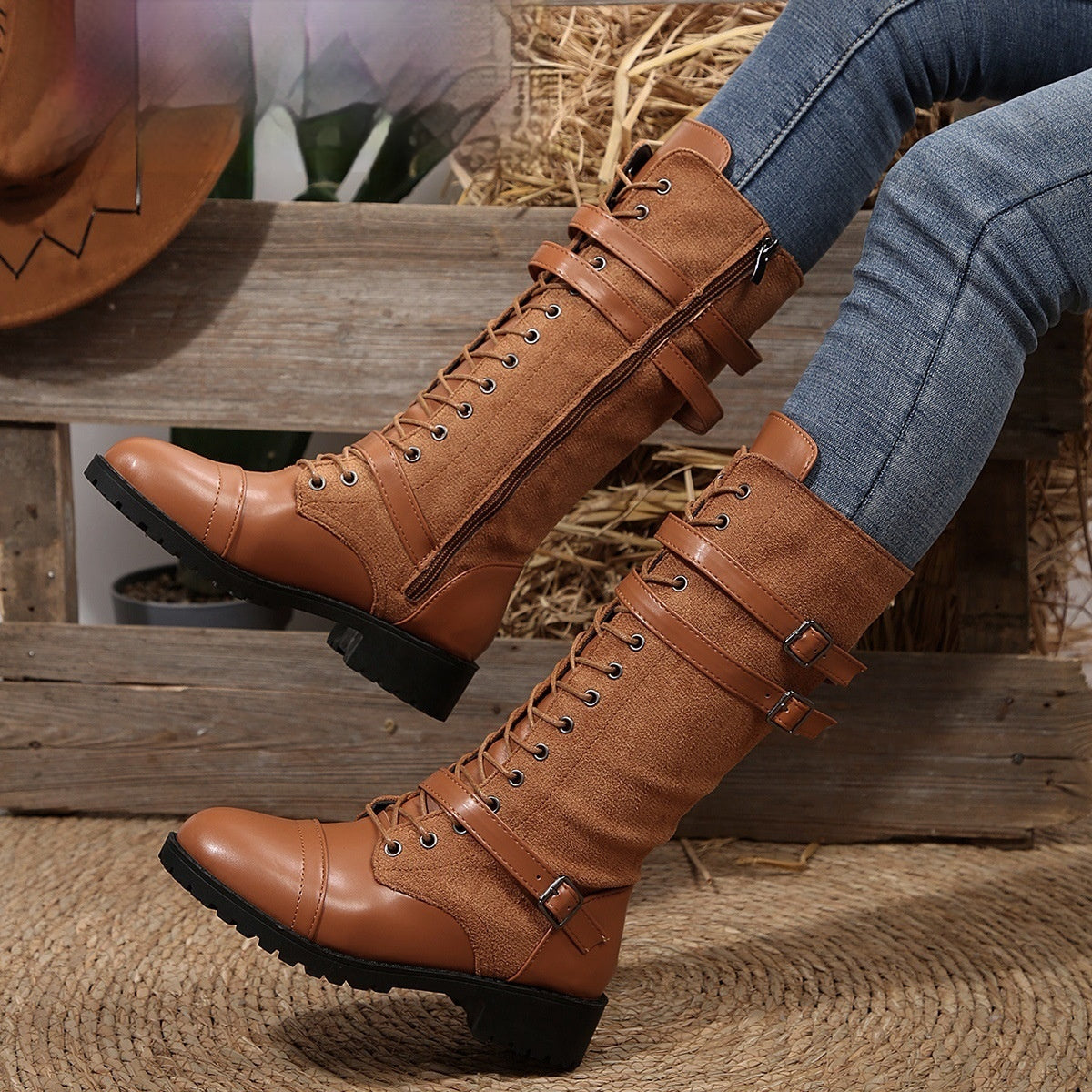 Lea | Orthopedic Round Toe Rivet Belt Buckle Square Heel Boots