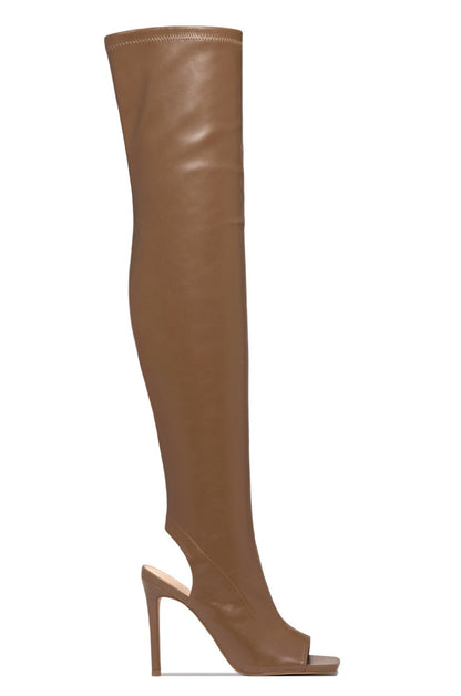 Qamar | Orthopedic Nude Faux Leather Peep-Toe Thigh-High Stiletto Boots