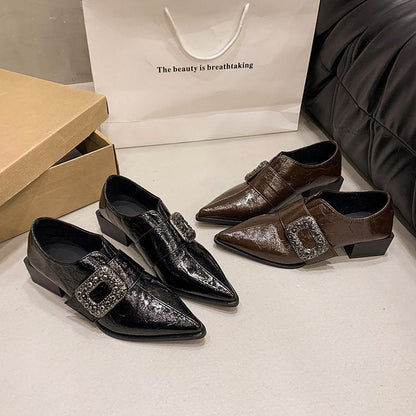 Glossy Buckle Strap Block Heel Loafers
