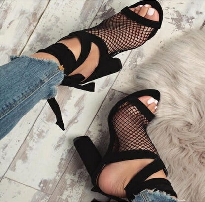 NoirLace | Orthopedic Bandage Block Heel Sandals with Mesh Detail