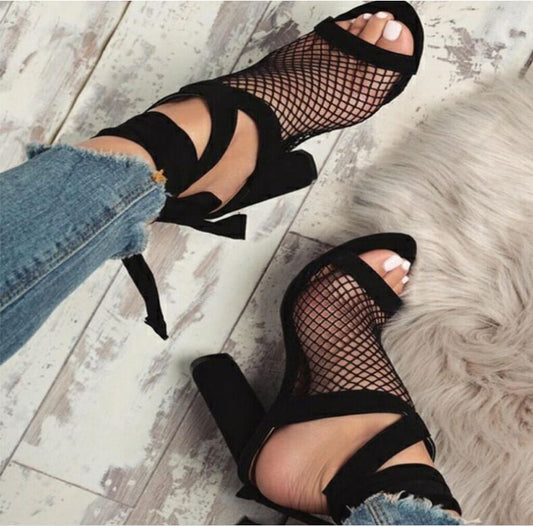 NoirLace | Orthopedic Bandage Block Heel Sandals with Mesh Detail