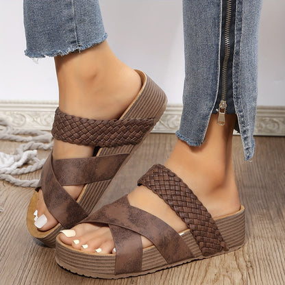 Caitlin | Orthopedic Woven Platform Sandals – Cross-Strap Slip-On Comfort