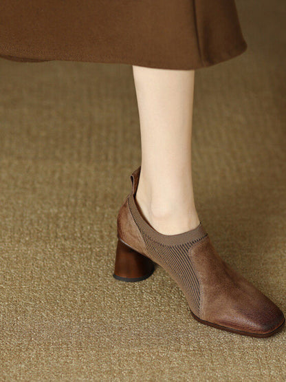OrthoCare Square High Leather Heels With A Unique Patchwork Design