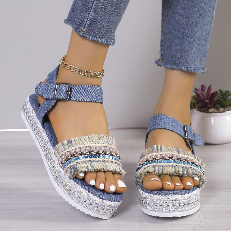 OrthoCare Denim Sandals With Fringe, Ethnic And Unique Style For Summer