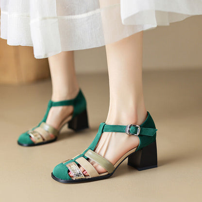 OrthoCare Elegant Leather Sandals With A Chunky Heel And A Single Buckle