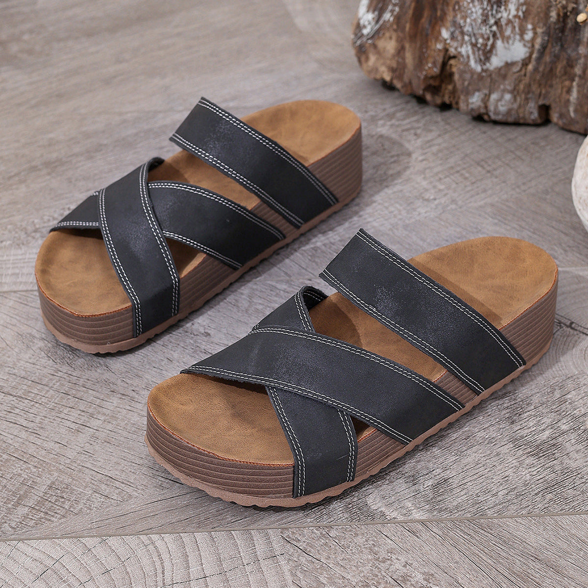 Faelina | Women’s Orthopedic Cross Strap Cork Slide Sandals