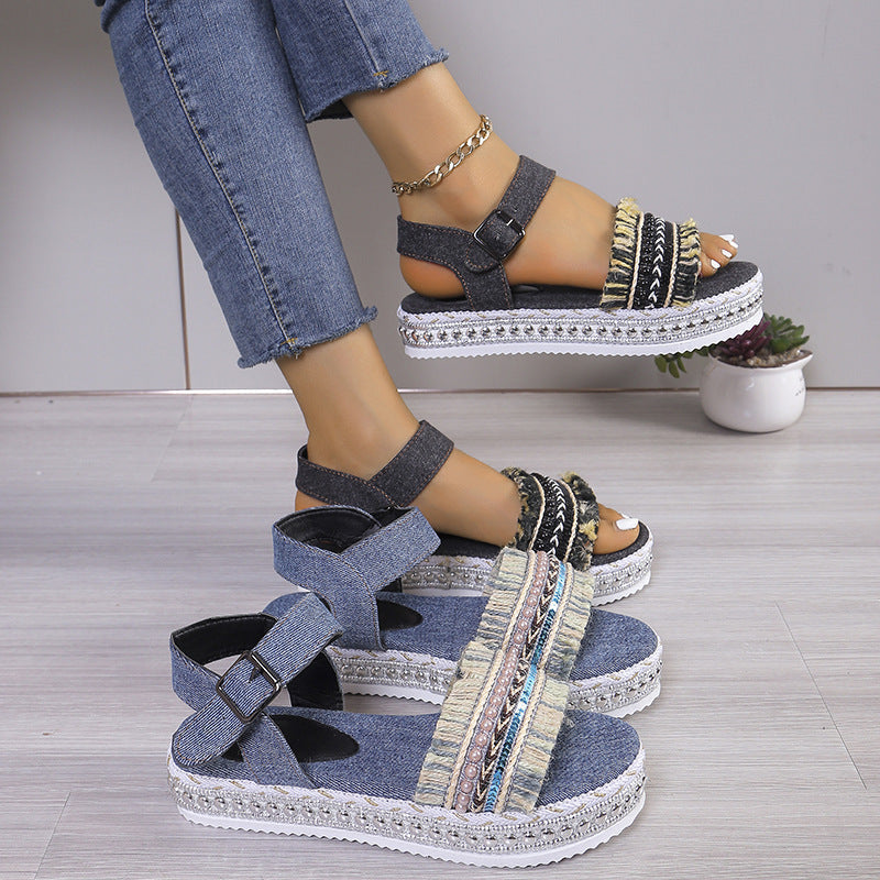 OrthoCare Denim Sandals With Fringe, Ethnic And Unique Style For Summer