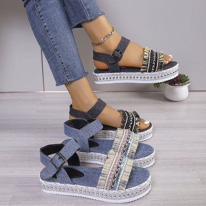 OrthoCare Denim Sandals With Fringe, Ethnic And Unique Style For Summer