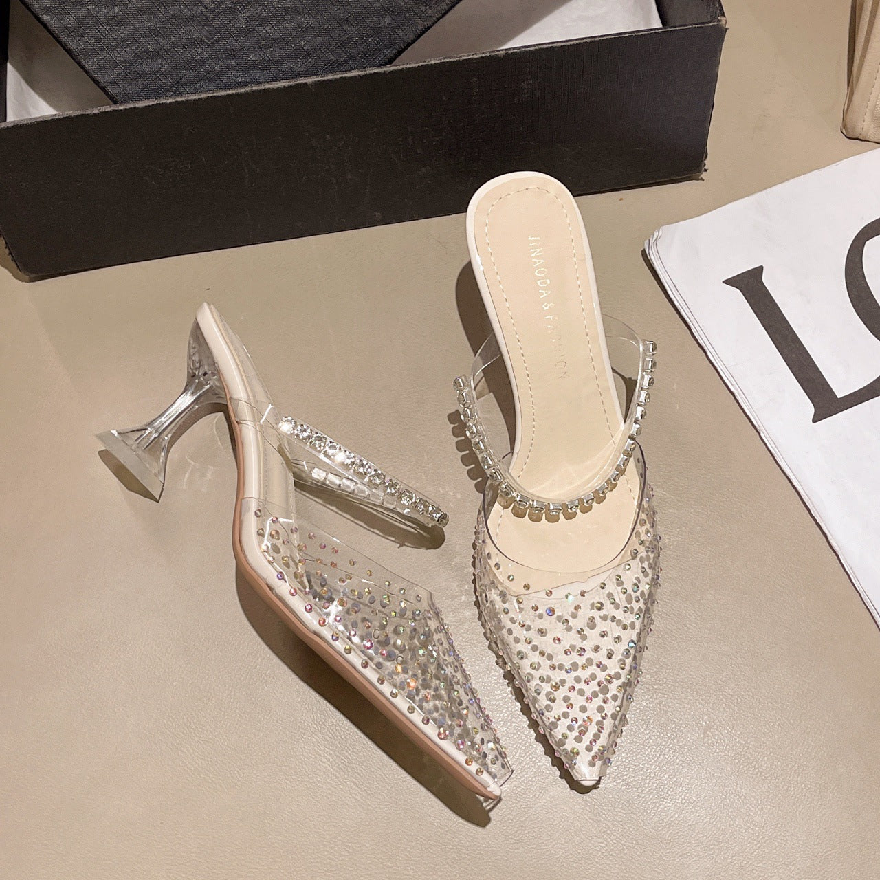 OrthoCare | Rhinestone Mesh Pointed Toe Mule Heels