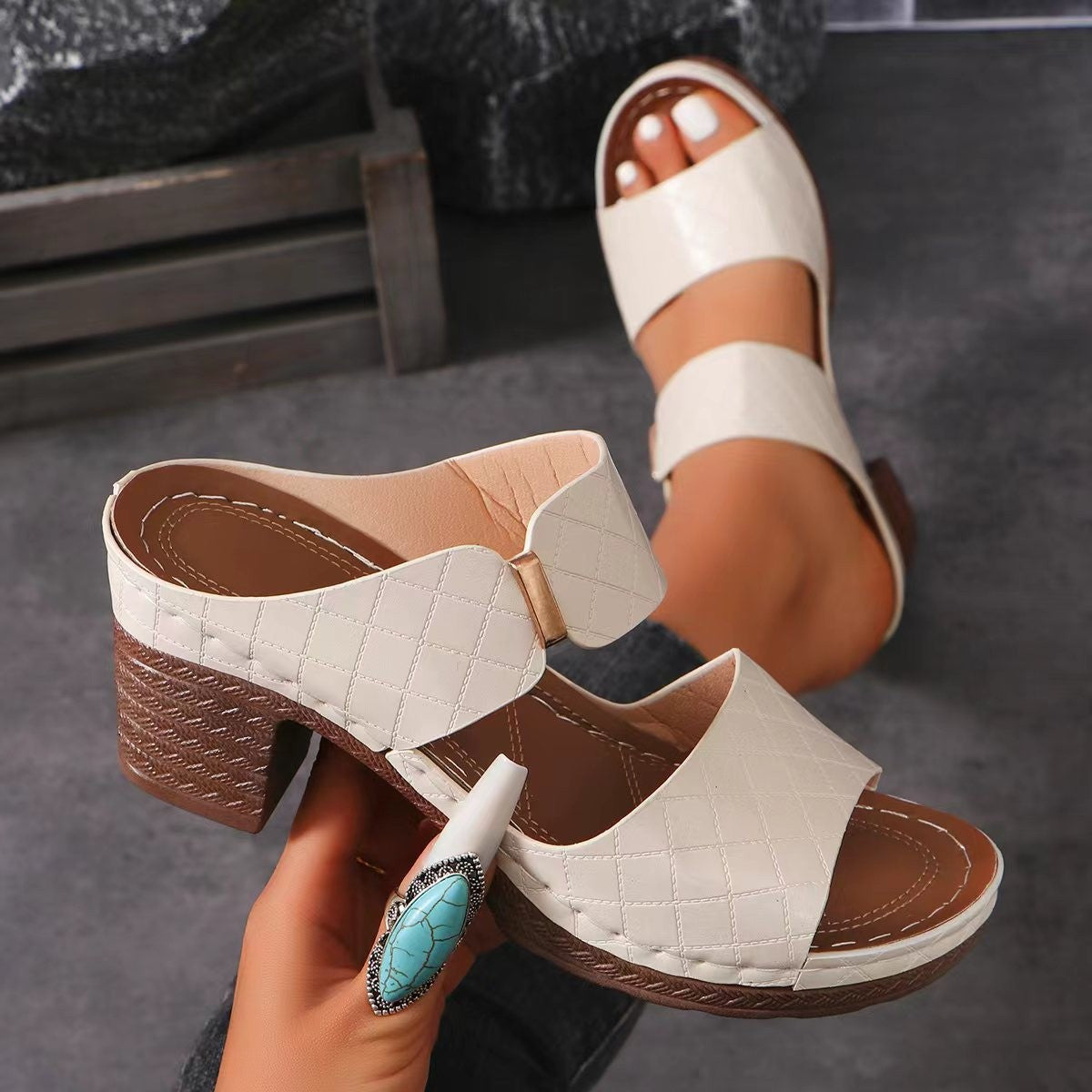 OrthoCare Chunky Heel Sandals - Plaid Comfort