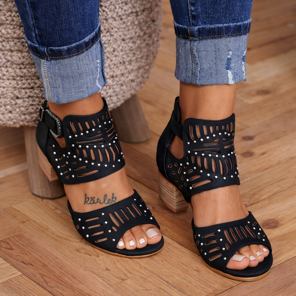 Harlow | Women’s Orthopedic Studded Cutout Block Heel Sandals