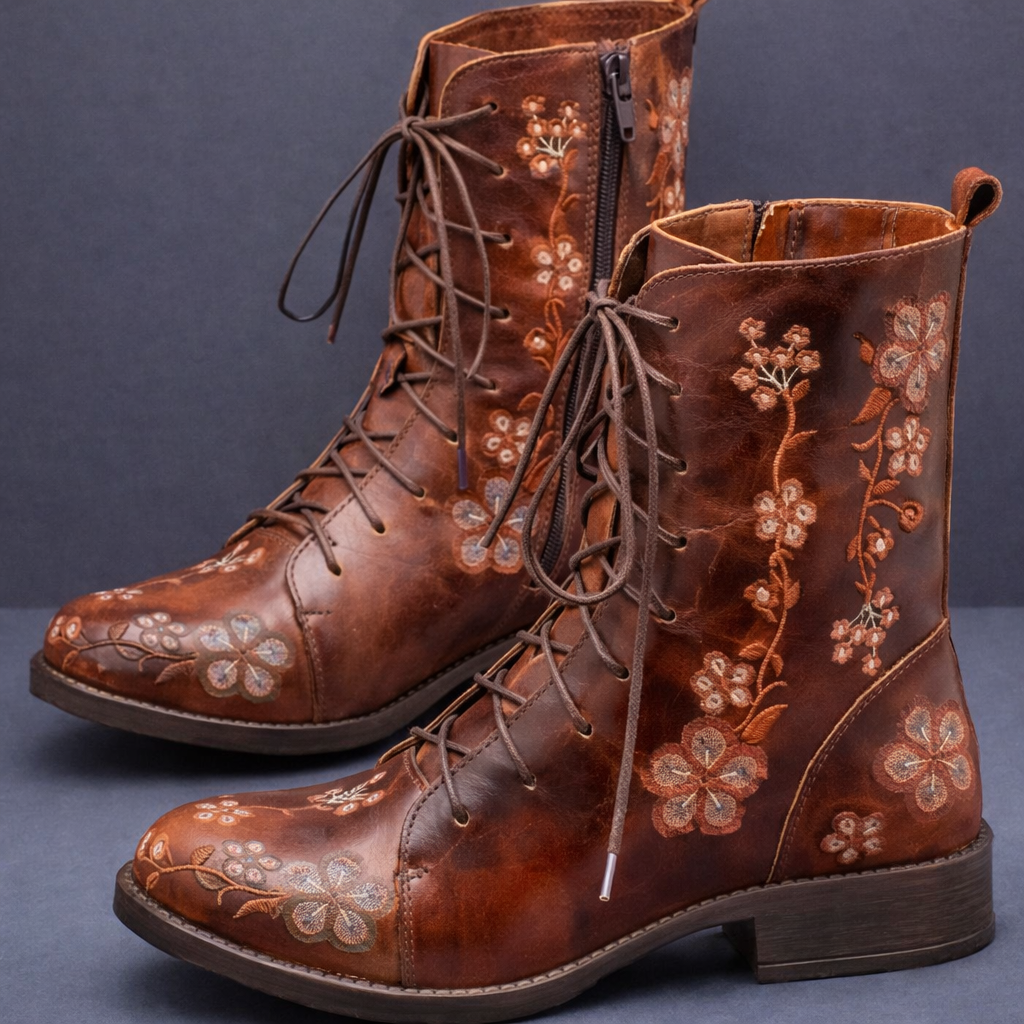 Edana | Women’s Floral Lace-Up Orthopedic Leather Boots