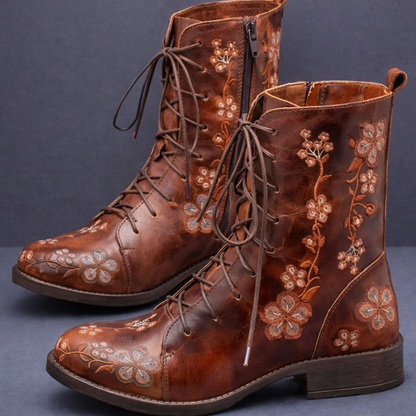 Edana | Women’s Floral Lace-Up Orthopedic Leather Boots