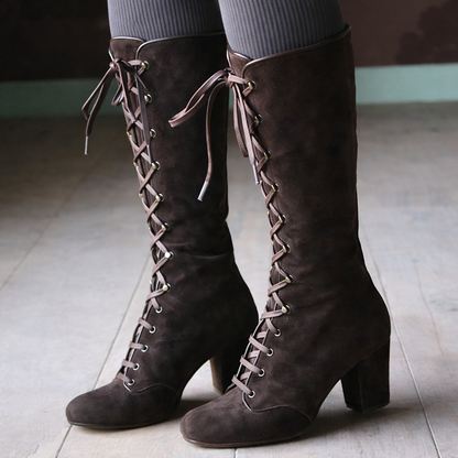 Ivy | Women’s Orthopedic Suede Lace-Up Knee-High Boots with Block Heel