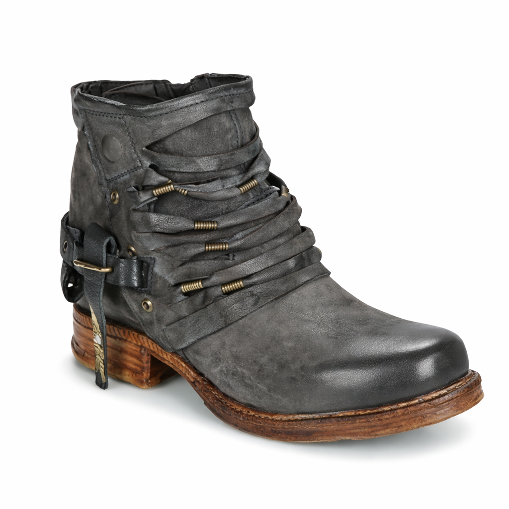 Riven | Orthopedic Distressed Charcoal Wrapped-Strap Ankle Boots