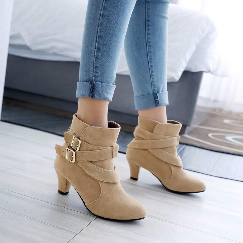Althea | Orthopedic Suede Ankle Boots with Chunky Heel & Double Buckle Detail