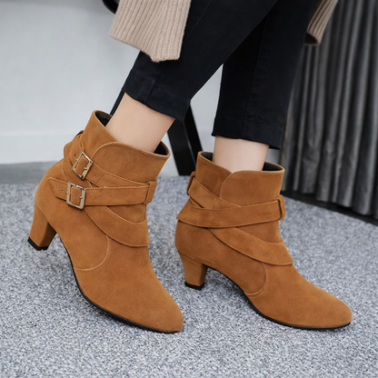 Althea | Orthopedic Suede Ankle Boots with Chunky Heel & Double Buckle Detail