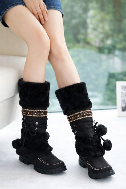 Valeria | Orthopedic Tall Lace-Up Fur Pom Suede Winter Boots