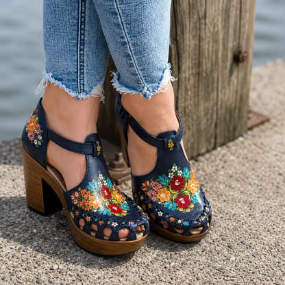 Bethan | Women’s Orthopedic Floral Embellished Block Heel Mary Jane Pumps