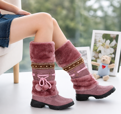 Valeria | Orthopedic Tall Lace-Up Fur Pom Suede Winter Boots