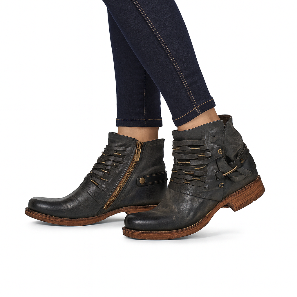 Riven | Orthopedic Distressed Charcoal Wrapped-Strap Ankle Boots