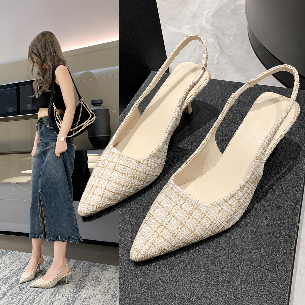 Tinsley | Women’s Orthopedic Woven Pointed Toe Slingback Heels