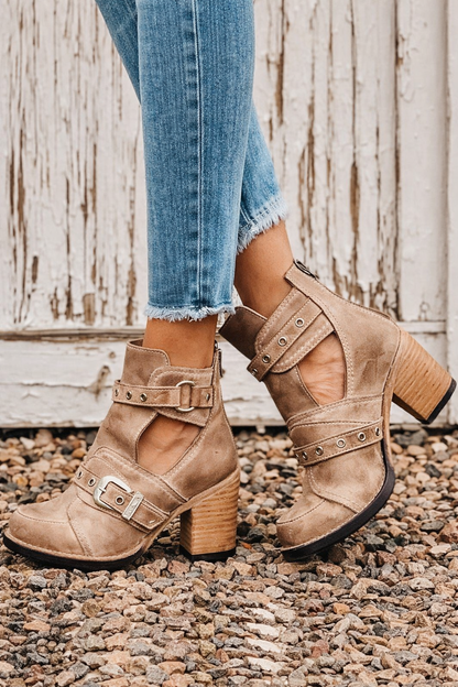 Taylen | Orthopedic Distressed Cutout Buckle Block-Heel Booties