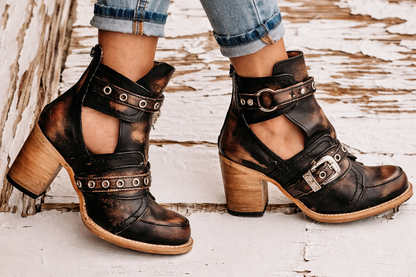 Taylen | Orthopedic Distressed Cutout Buckle Block-Heel Booties