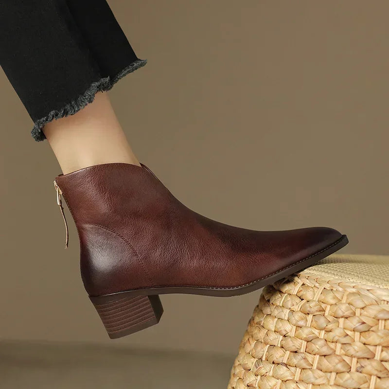 Daffodil | Orthopedic Pointed-Toe Leather Ankle Boots with Block Heel