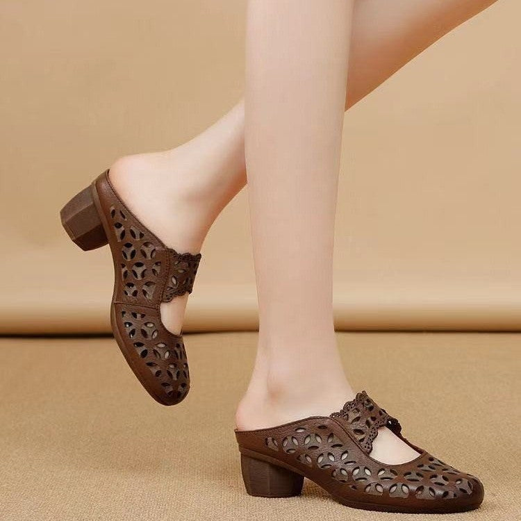 OrthoCare Women’s Vintage Cut-Out Heeled Mules – Breathable Comfort Slip-On Shoes