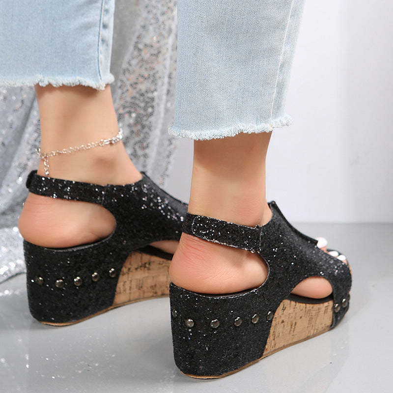 OrthoCare Summer Chunky Heel Sandals With Sequins And Velcro