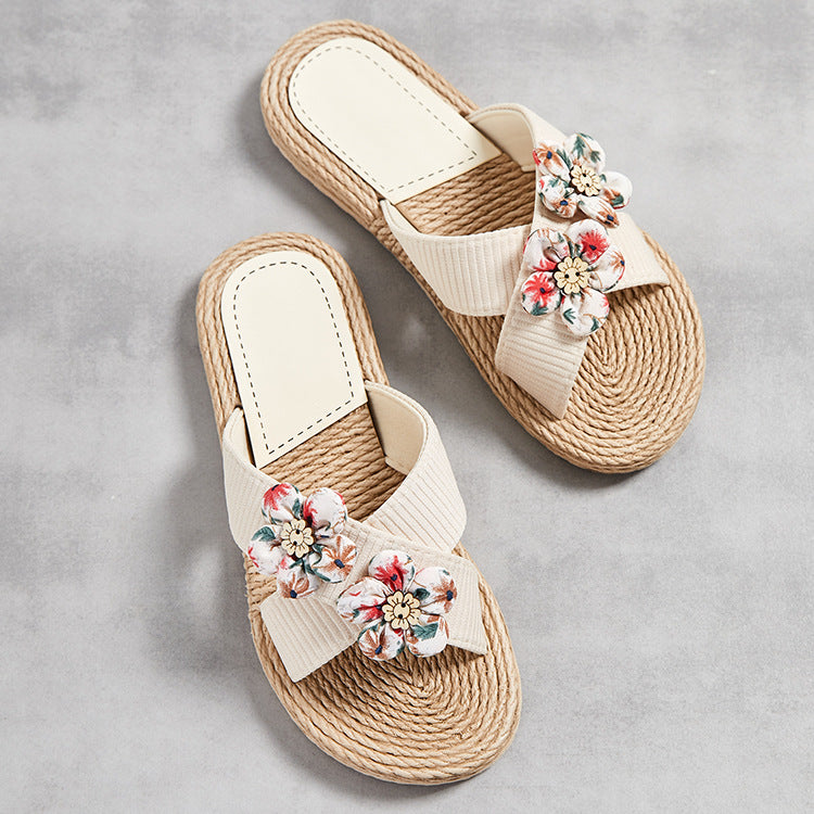 OrthoCare Floral Rhinestone Raffia Slide Sandals